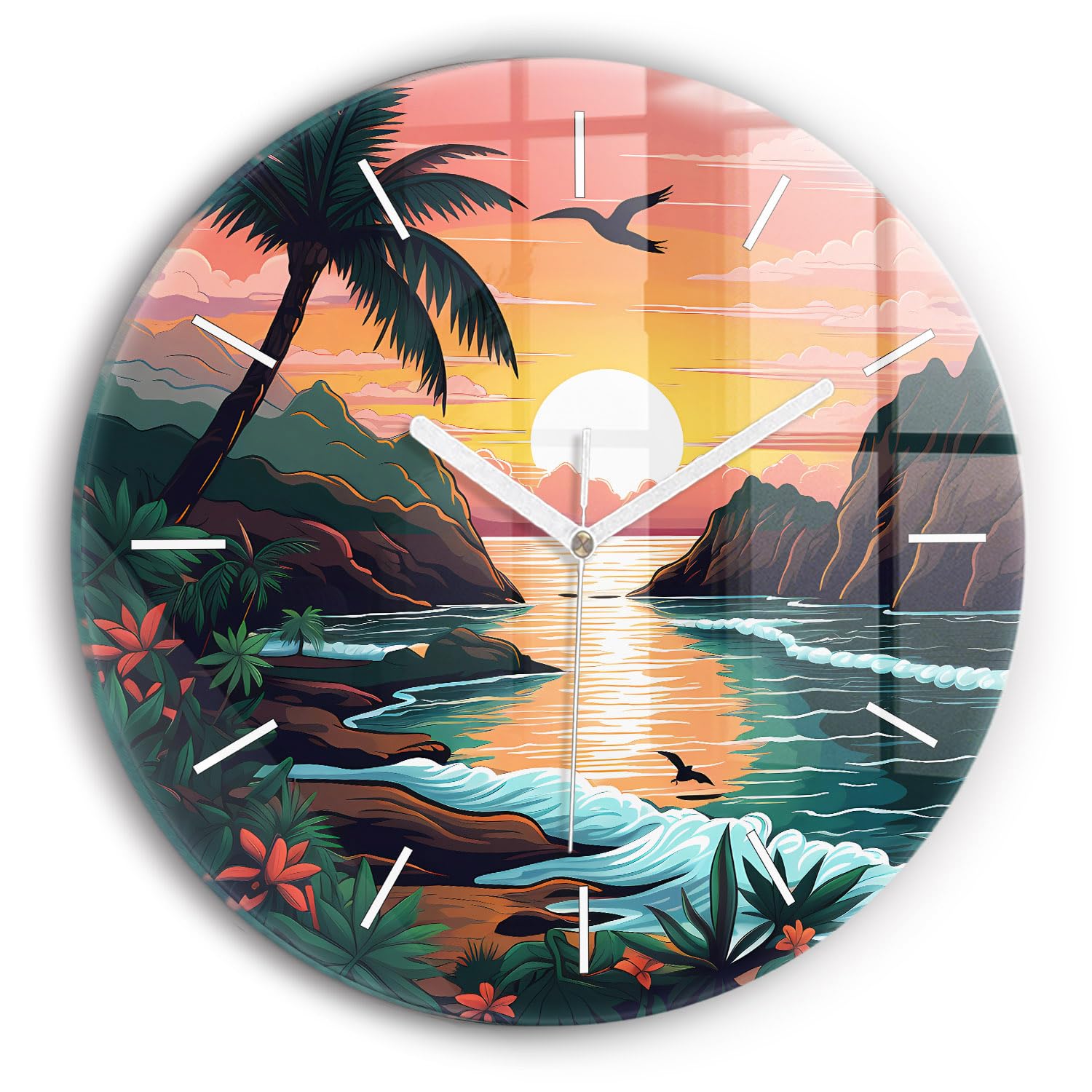 Horloge en verre 30 cm de style élégant au motif coucher de soleil de fées pour salon