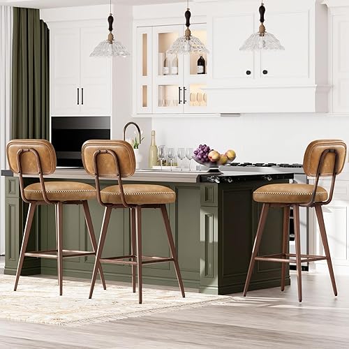 MALOL 26“ PU Leather Swivel Bar Stools Set of 3, Mid Century Counter Height Bar Chairs with Low Back and Metal Legs, Modern Bar Stool Chair for Kitchen Island, Brown