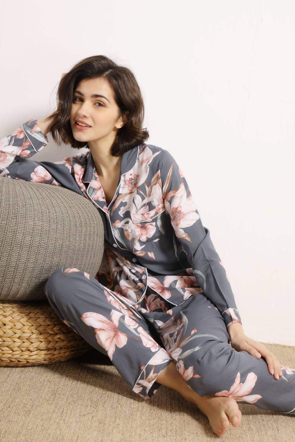 Conjunto De Pijamas De Mujer,Suave & Acogedor Pijama De Algodón Viscosa Elegante Estampado De Flores Fino Manga Larga Con Botones Conjuntos De Pijamas Ropa De Dormir De Verano Ropa De Dormir Ropa De