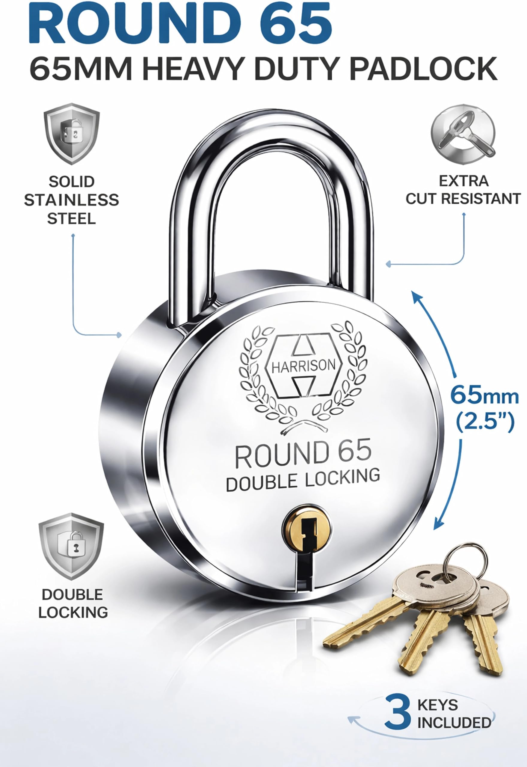 Harrison Padlocks/Round Padlock 65mm 7 Lever with 3 Keys ROUND-65MM-0681 Double Locking Pack of 1/Padlock, Padlocks, Locks for Home, Locks for Main Door, gate — Amazon image 2