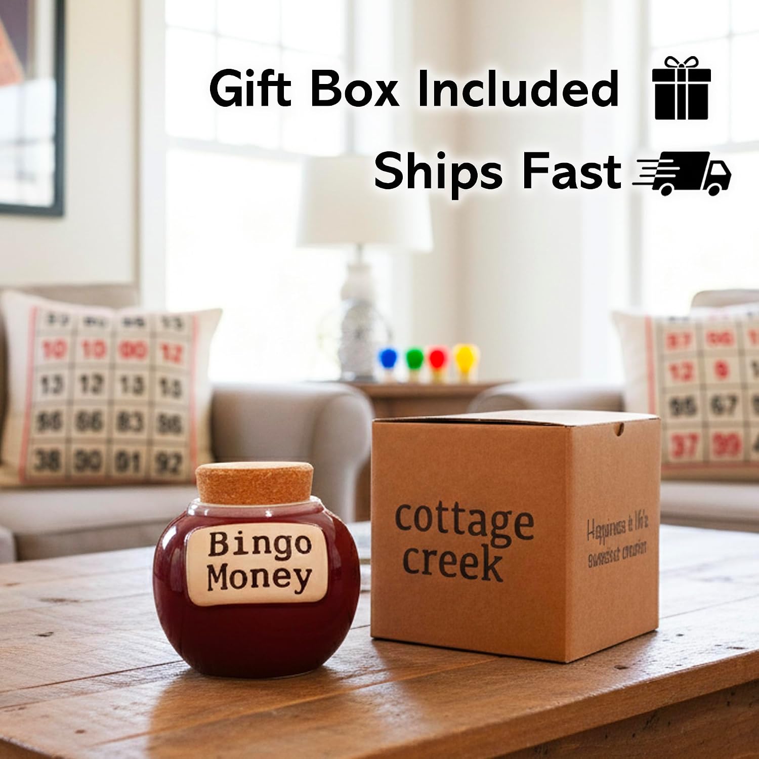 Cottage Creek Bingo Money Jar – 6” Red Ceramic Piggy Bank for Adults, Funny Coin Jar, and Bingo Accessories Storage – Perfect for Home Décor, Gifts for Women, Men and Bingo Lovers of All Ages