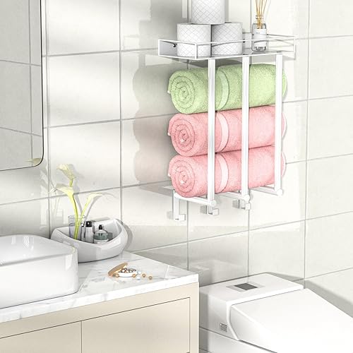 Miniatura 6 de Ovicar Toalleros para baño Toallero montado en la pared con estante de metal y 3 ganchos, 3 barras de pared para baño pequeño, almacenamiento de