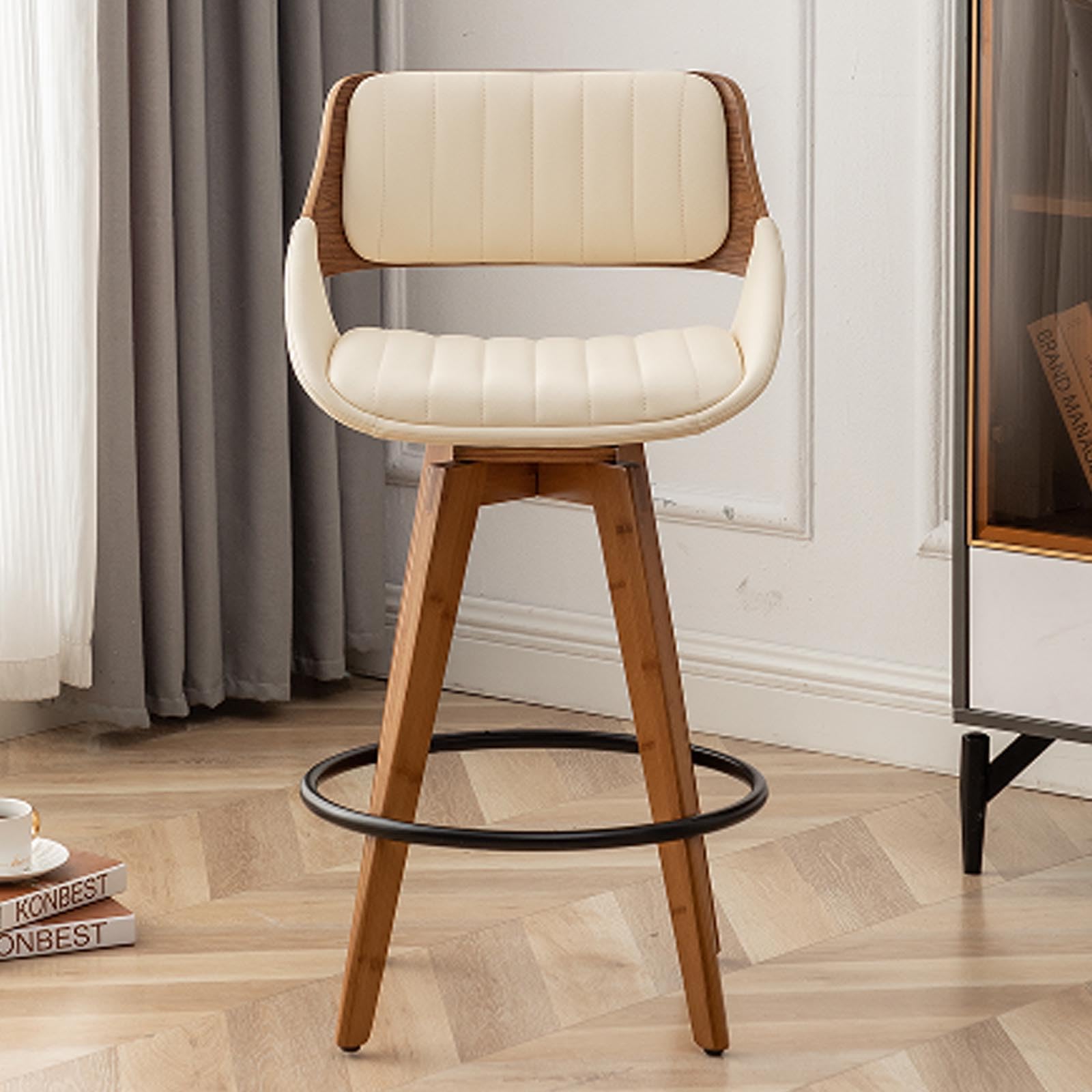 LUNLING Swivel Bar Stools,Mid Century Modern Beige Faux Leather Upholstered Counter Height Barstools,Kitchen Island Wooden Bar Chairs,29.5-Inch