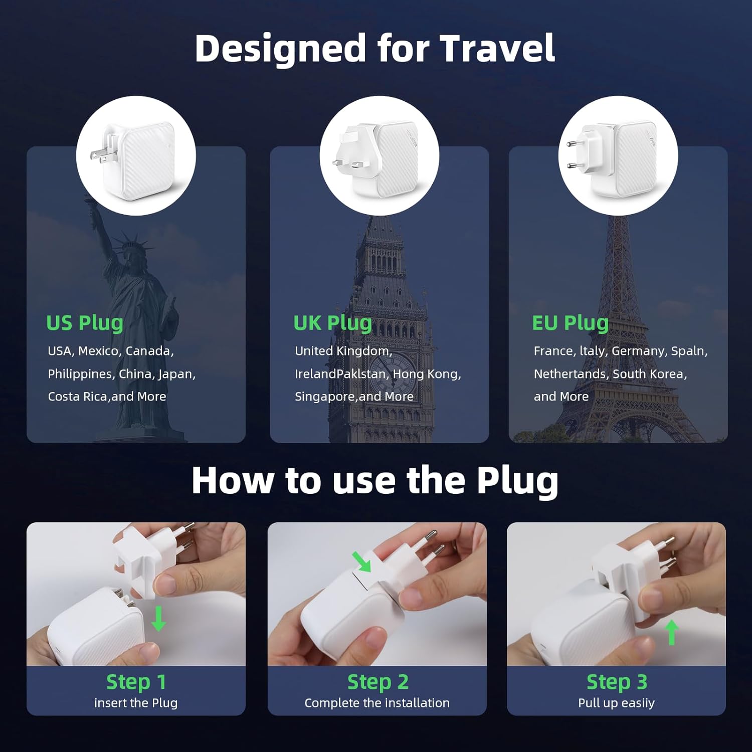[Travel Ready] 100W USB C Charger, 4-Port GaN Fast Wall Charger with UK/EU Adapters, Foldable Plug PD 3.0 Desktop Power Adapter for MacBook Pro/Air, iPhone 17/16, iPad, Samsung