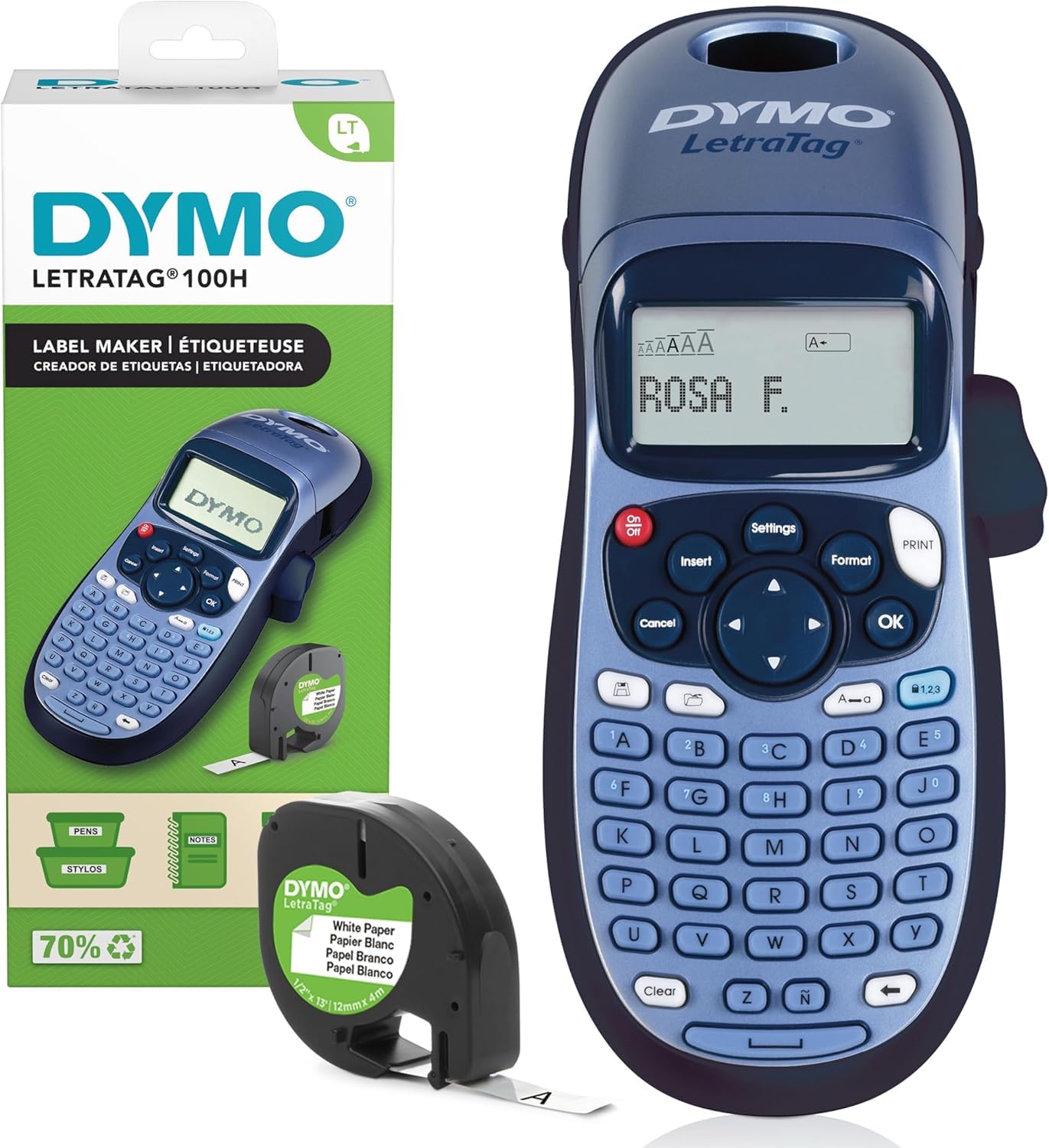 DYMO LetraTag LT-100H Beschriftungsgerät Handgerät | Tragbares Etikettiergerät mit ABC Tastatur | blau | Ideal fürs Büro oder zu Hause + Batterien: Amazon Basics Pack of 8 x AAA