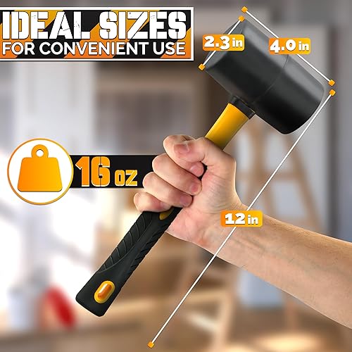 Miniatura 2 de Martillo de mazo de goma de 16 onzas, mazo de martillo de goma con mango duradero y ergonómico, diseño antivibración para un trabajo eficiente,