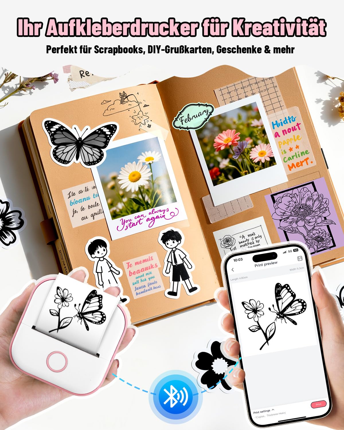 Phomemo T02 Impresora Multifuncion, Impresora Fotos Movil,Impresora Termica portátil para Estudio,Etiquetadora Adhesivas para el Día del Niño Cumpleaños,Impresora Pegatinas para teléfono y Tableta — view 4