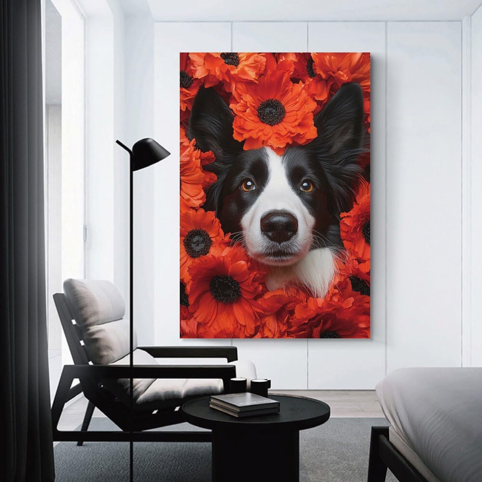 Junmoney Unframe-Style-22 Border Collie Dog Surrounded By Poppies Home Decor Wall Art, 12X18inch(30X45cm), For Wall Displays, Bedrooms Or Room Updates, Ideal For Building A Coordinated Art Wall