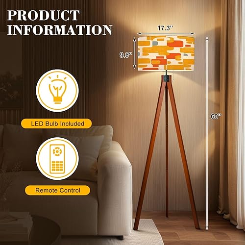 Miniatura 2 de Wood Tripod Floor Lamp Abstract made simple geometric shapes Mid century modern inspired Mid Century Standing Lamp Linen Shade Dimmable Modern Tall