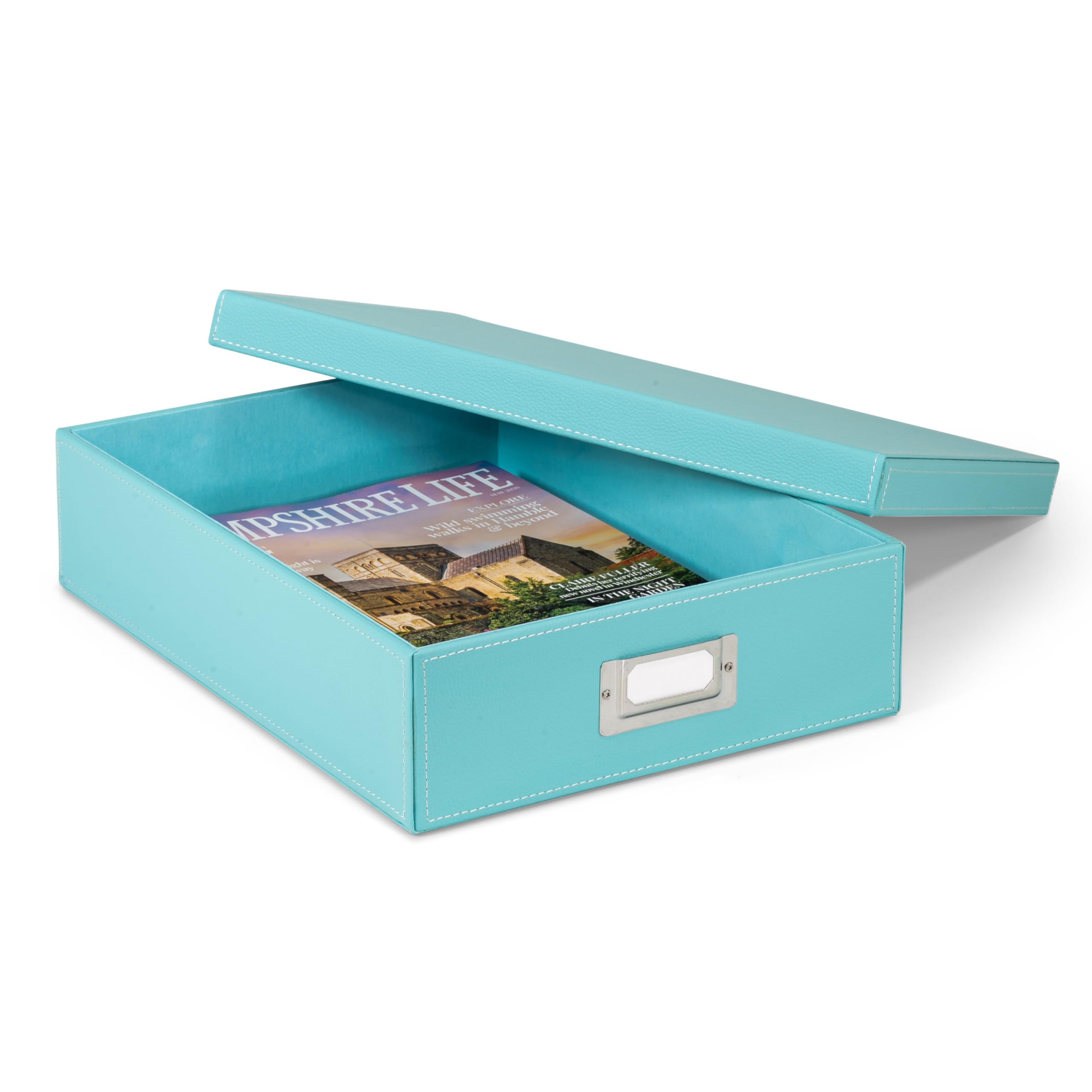 OSCO Faux Leather A4 Document Storage Box with Lid, Stackable Desk Paperwork Organiser for Files and Envelopes, Durable Filing Solution for Home or Office, 8.5×25×33.5 cm, Turquoise