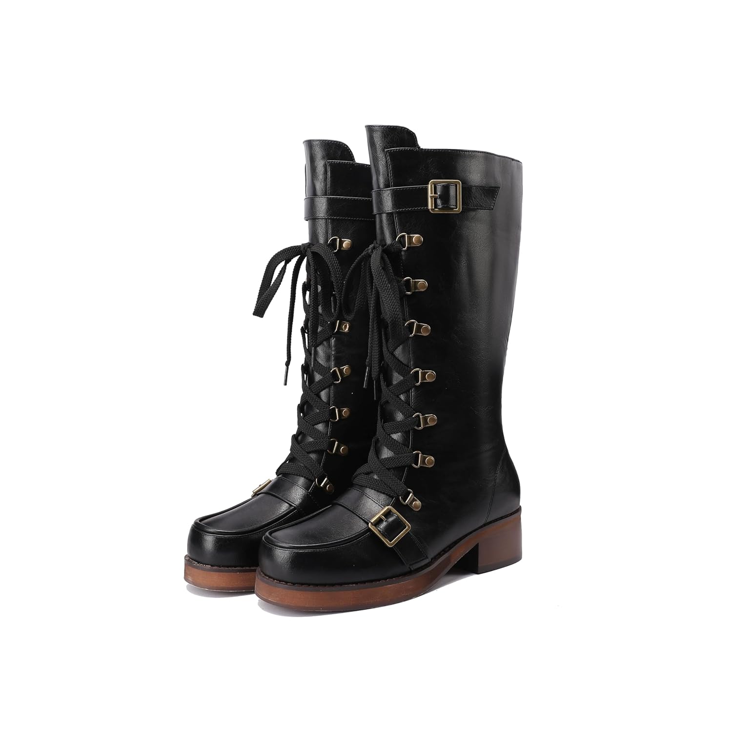Fashon Mid Calf Boots for Women Block Heel Combat Boots