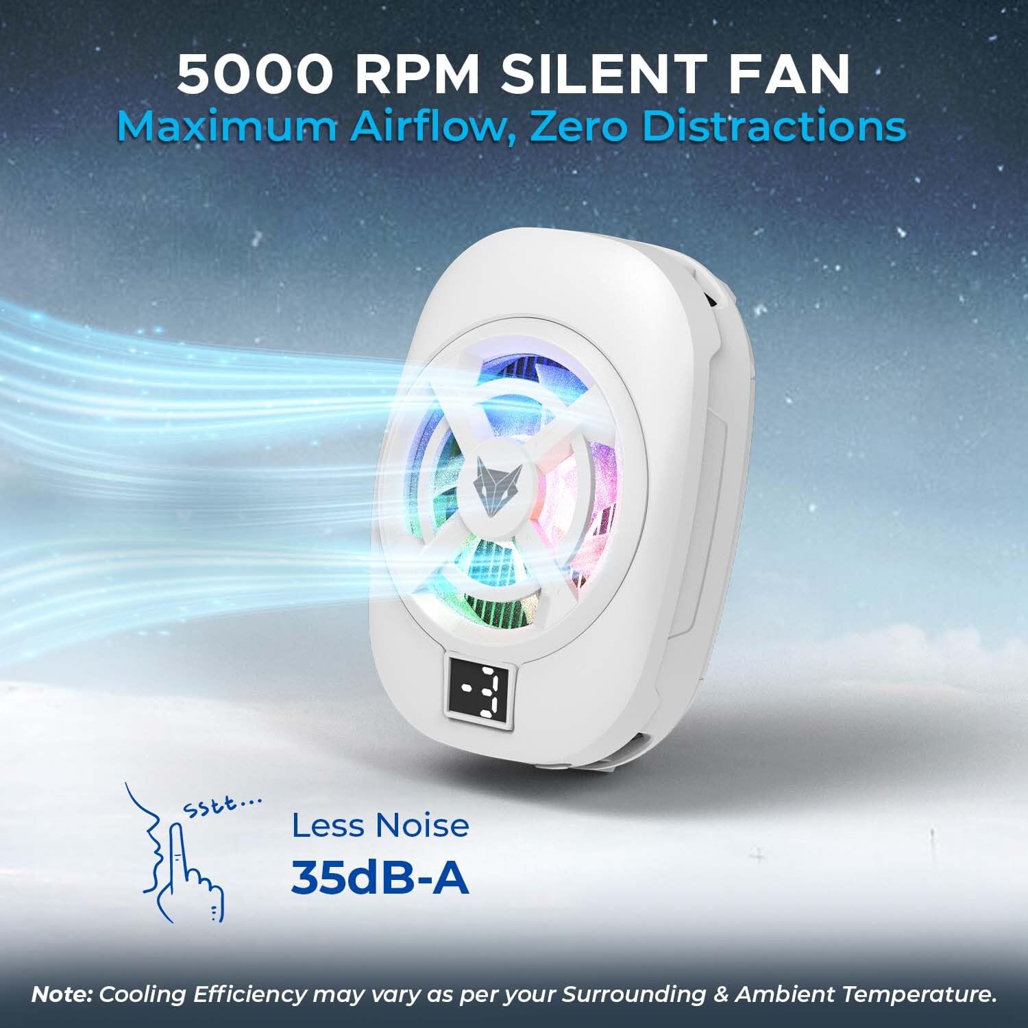 EvoFox Hailstone S Phone Cooler for Gaming | 15W 3 Level Cooling | 5000 RPM 7-Blade| Clamp Mount | RGB | Semiconductor Tech | Type-C Powered & Display | Compatible for Android and iPhones (White) — Amazon image 2
