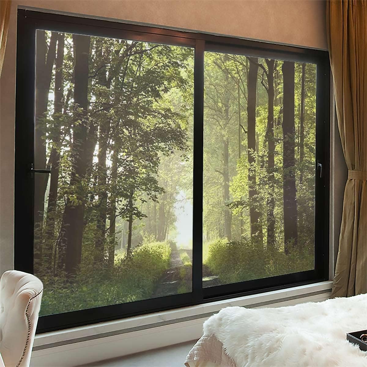 Green Brown Stained Glass Window Film, Static Cling Decorative Window Film,for Glass Door Home House Office, Misty Autumn Forest Landscape Privacy Window Film 35.4Wx63L-inch x2 Pcs