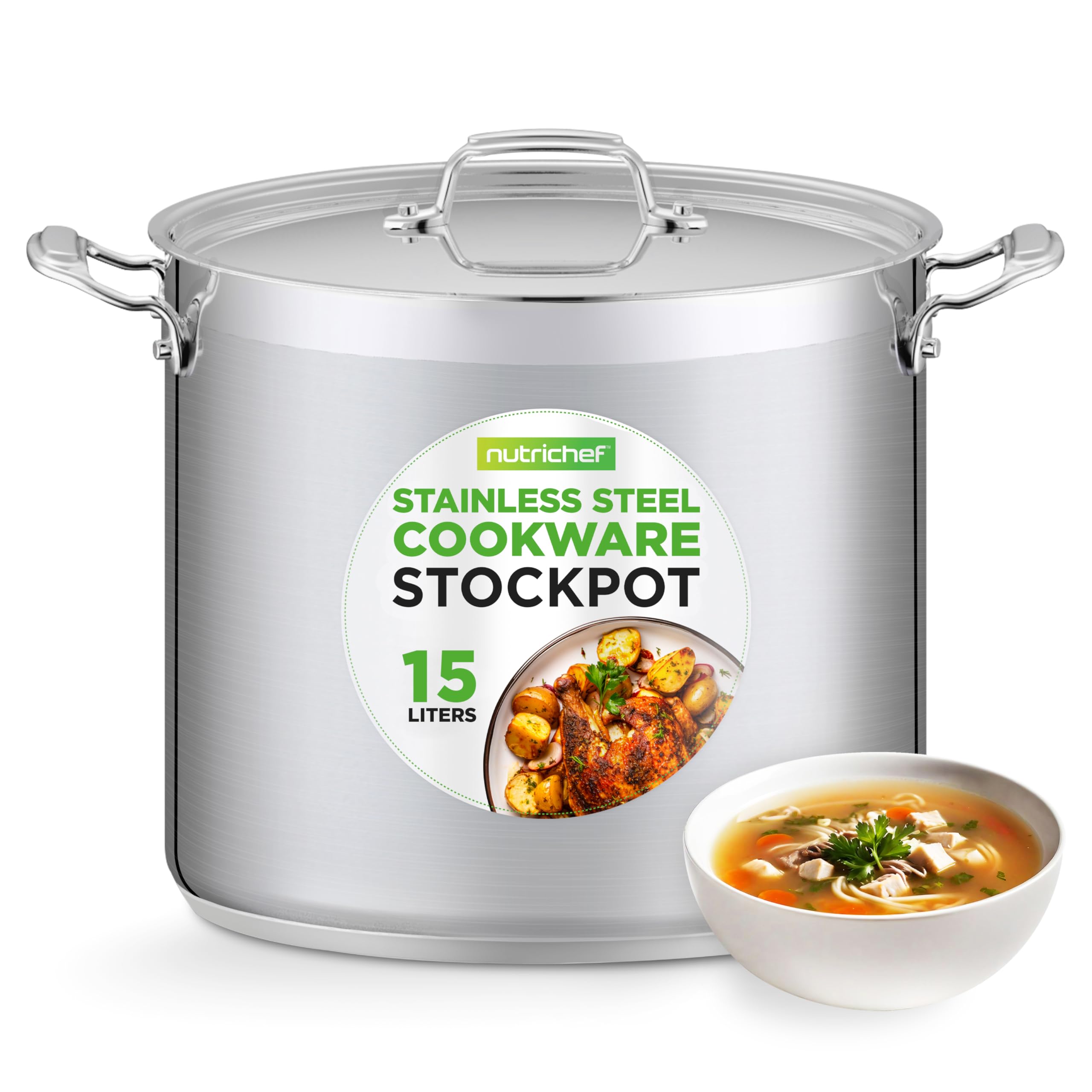 NutrichefStainless Steel Stock Pot with Lid, 15L Big Stockpots for Stew, Soup, Pasta, Meat- Induction Ready, Large Cooking Pot with Ergonomic Handles, Dishwasher Safe