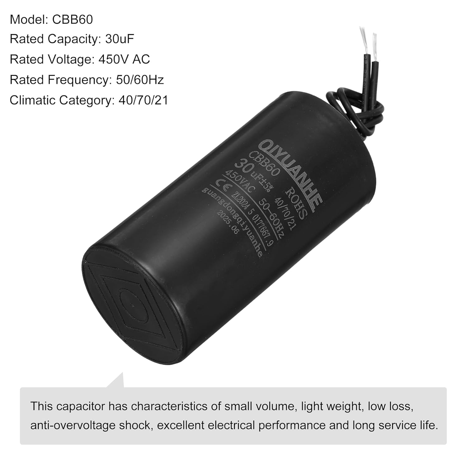 MECCANIXITY 2 Pcs CBB60 Run Capacitor 30uF 450V AC 2 Wires 50/60Hz Cylinder Motor Running Capacitor 50x100mm for Air Compressor Water Pump, Black