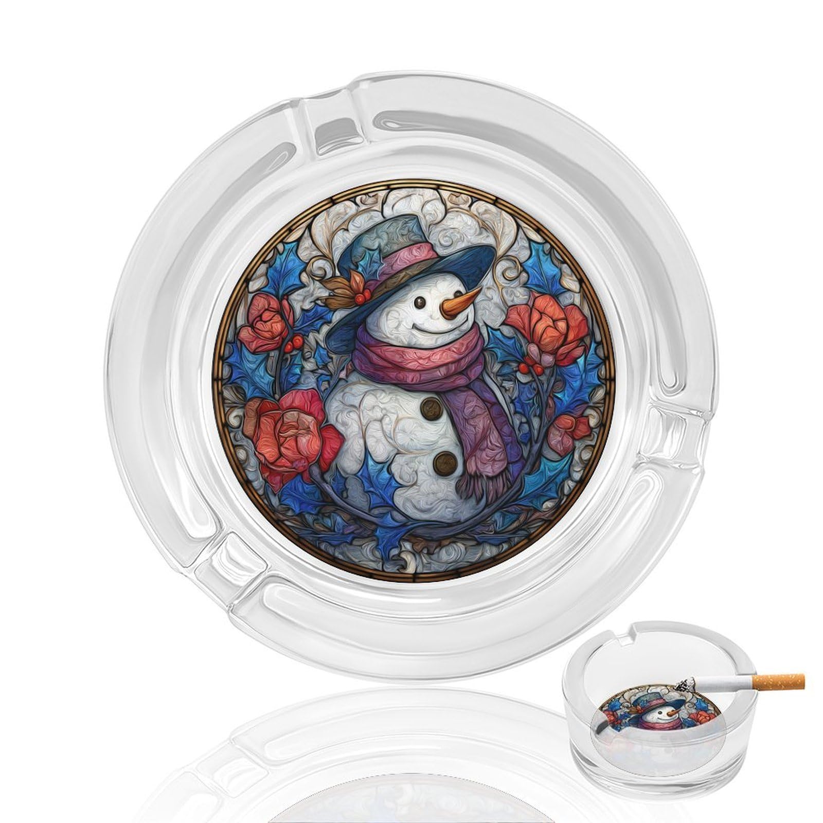 Stained Glass Snowman Holly Leaves Red Flowers Glass Ashtray for Cigarettes Portable Decorative Ash Trays for Home Office Decor