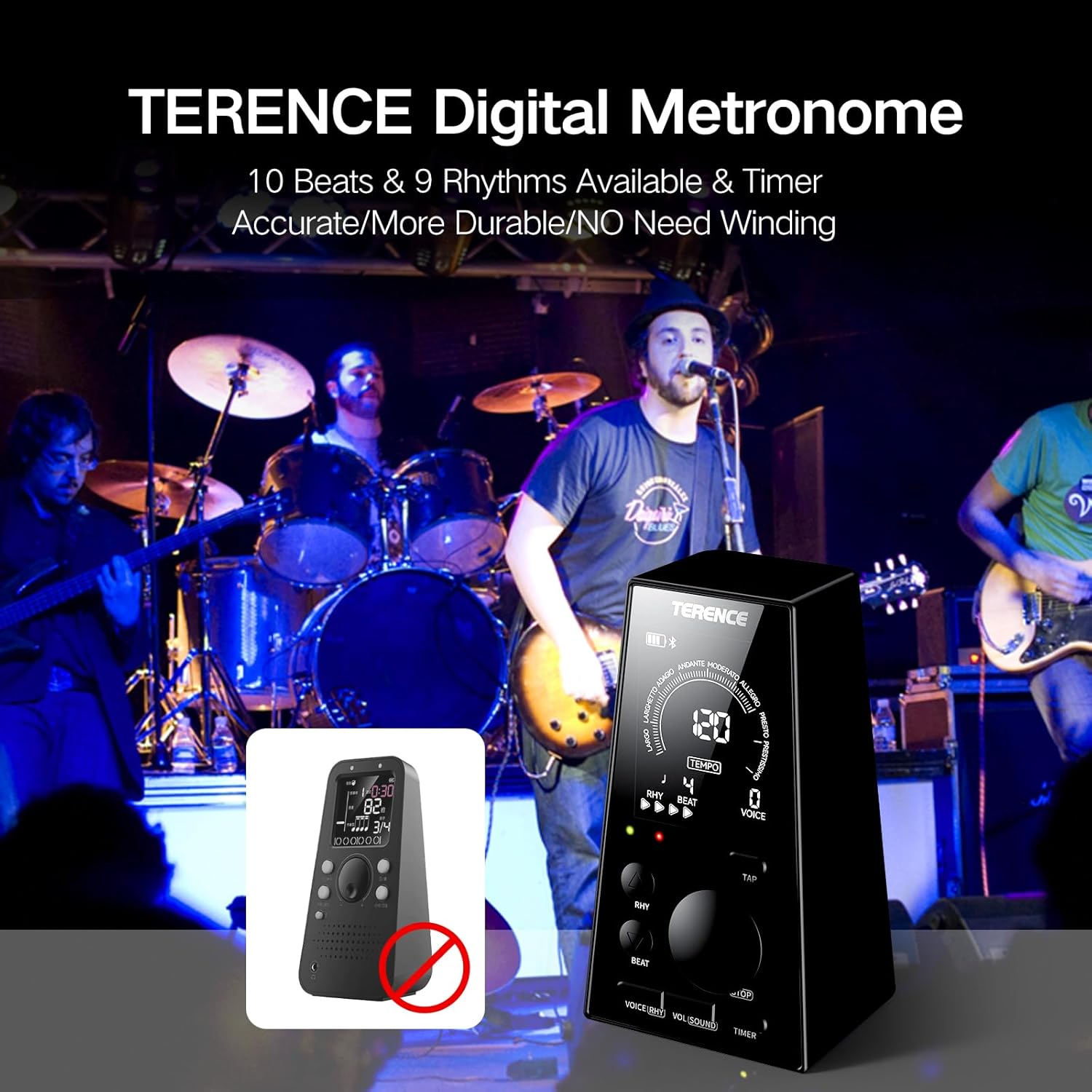 TERENCE Digital Metronome for Piano: Professional Precision Electronic Metronome 9 Tempo Presets 40-208 BPM Millisecond Accuracy LED Display Portable Metronome for Piano Guitar Drums All Instruments