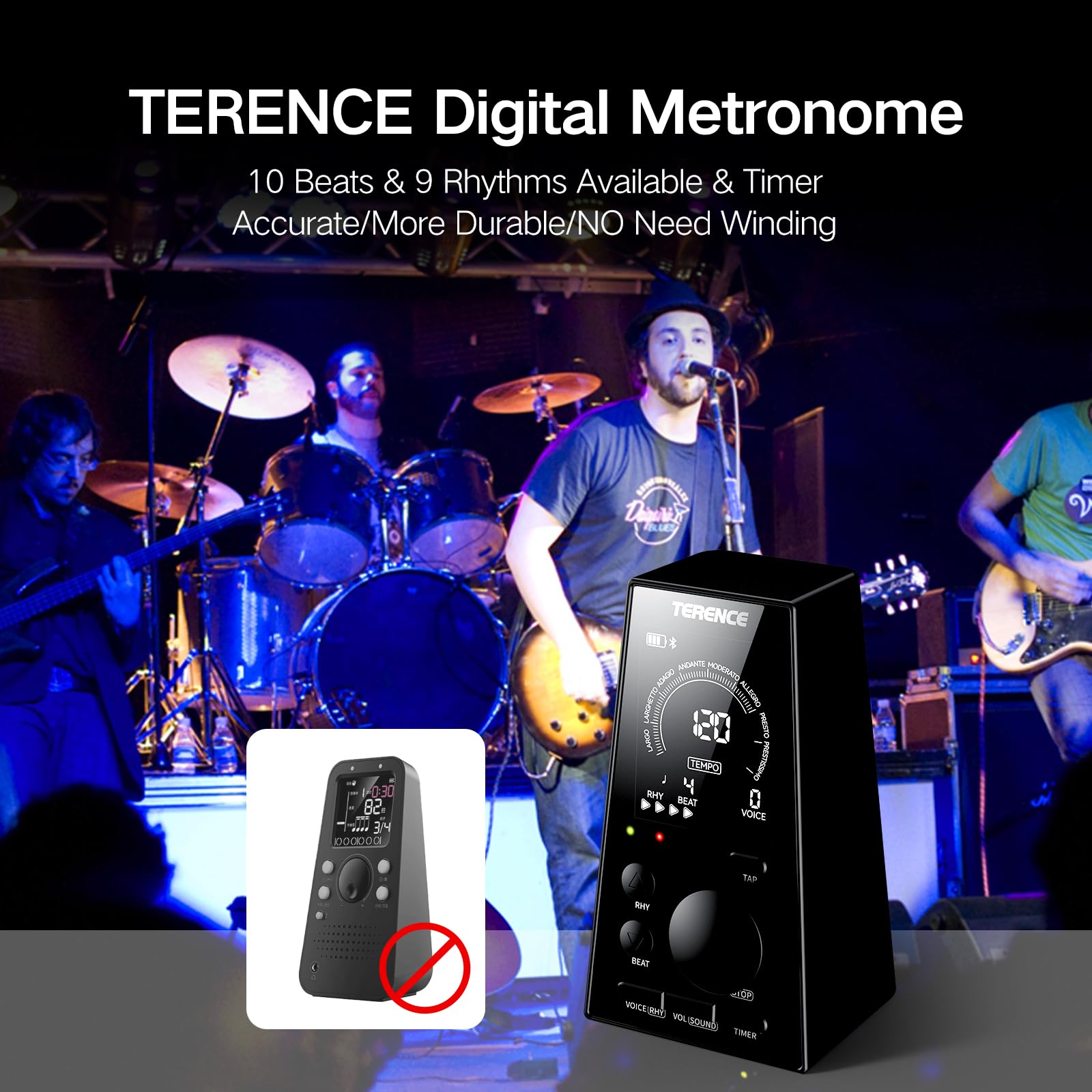 TERENCE Metronomo digitale di precisione per esercizi, metronomo elettronico preciso al millisecondo, 9 tempi, 10 battute, 40-208 BPM, display LCD, compatto e portatile, adatto a tutti gli strumenti
