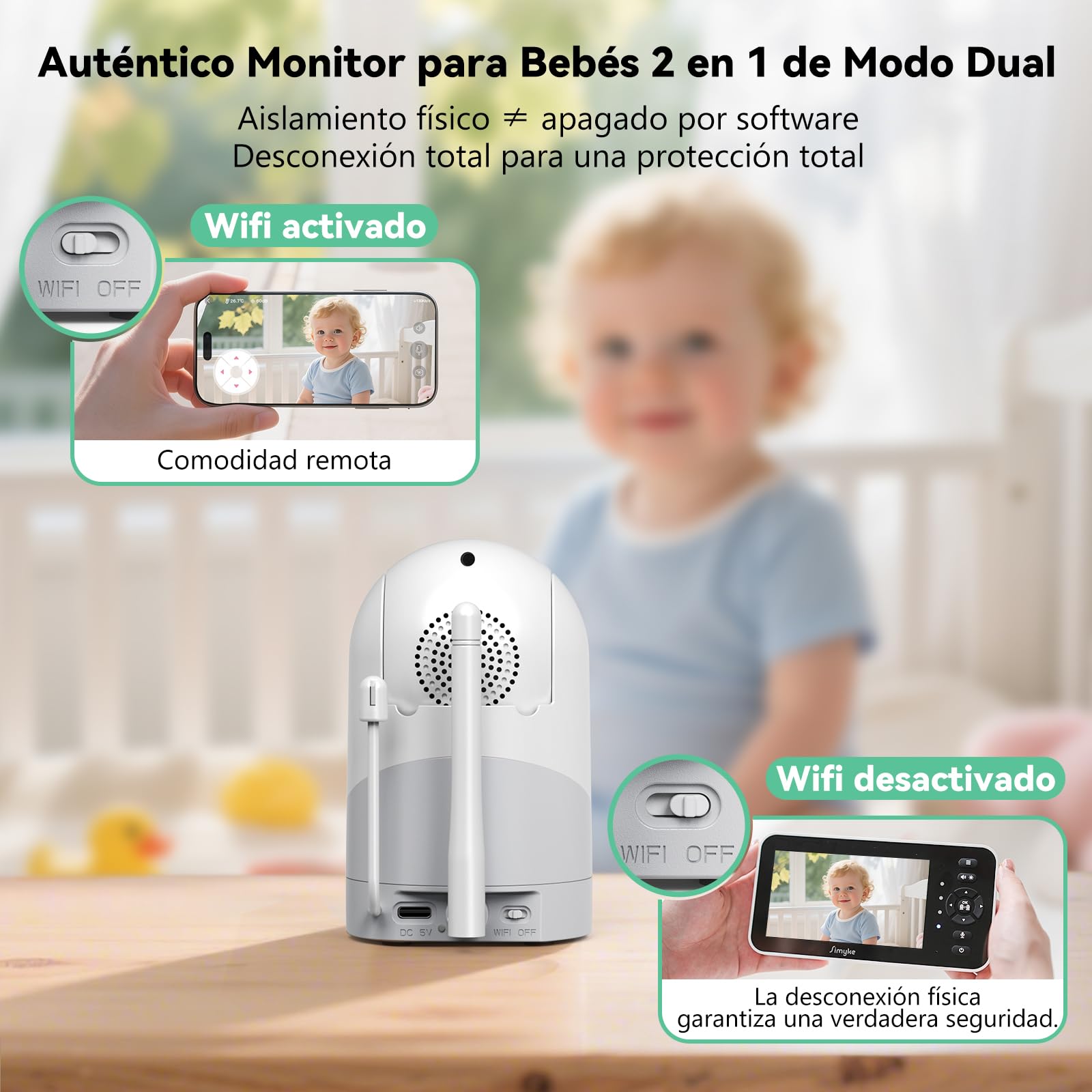Simyke Monitor de video para bebé con cámara y audio, pantalla de 12,7 cm, 720P, sin wifi o modo de aplicación gratuita, Pan-Tilt-Zoom, canciones de cuna, recordatorio de alimentación, visión nocturna
