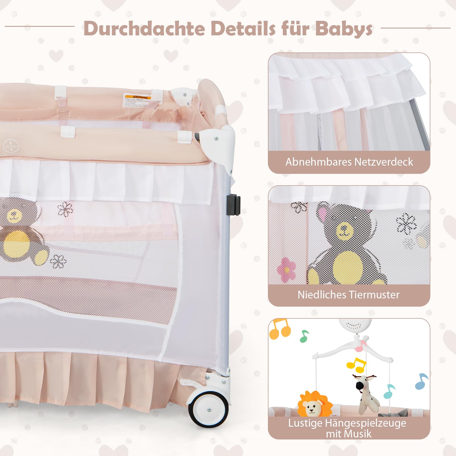 DREAMADE 5 in 1 Reisebett Baby mit Matratze & Baldachin, Babybett Faltbar mit Rollen, Wickeltisch & Laufstall, Beistellbett Baby mit Musikbox & Hängespielzeug, für Neugeborene 0-36 Monate (Rosa)