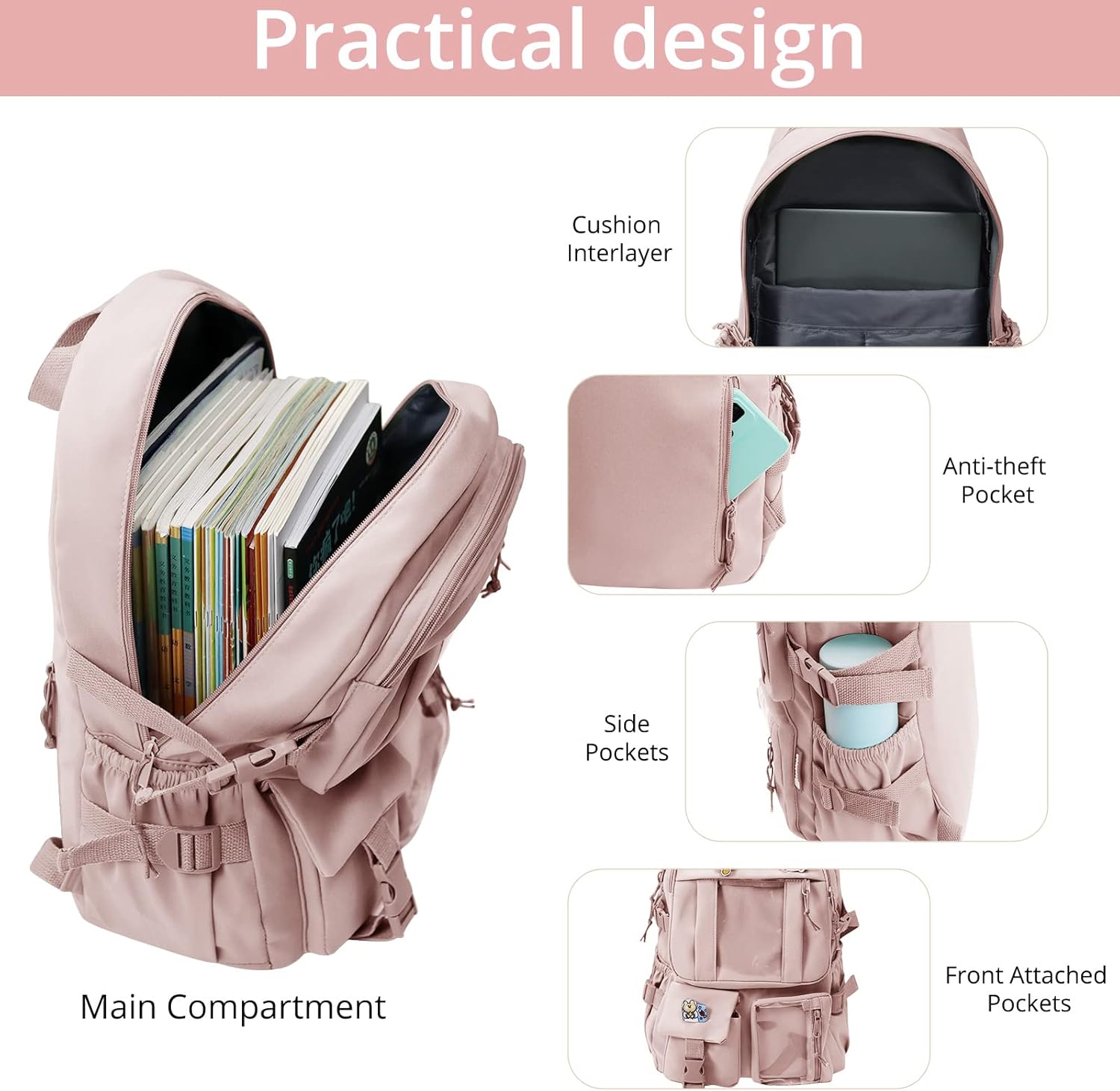 AoMoon Kawaii Backpack Lovely Pastel Rucksack for Teen Girls Aesthetic Student Bookbags with Kawaii Pin and Cute Accessories (Pink-C) One Size - Image 2