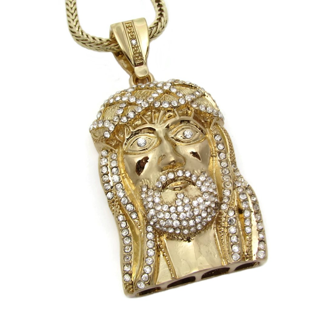 Jesus Piece Face Iced Pendant Gold Finish Head Charm 36 Inch Long Franco Chain Hip Hop Necklace