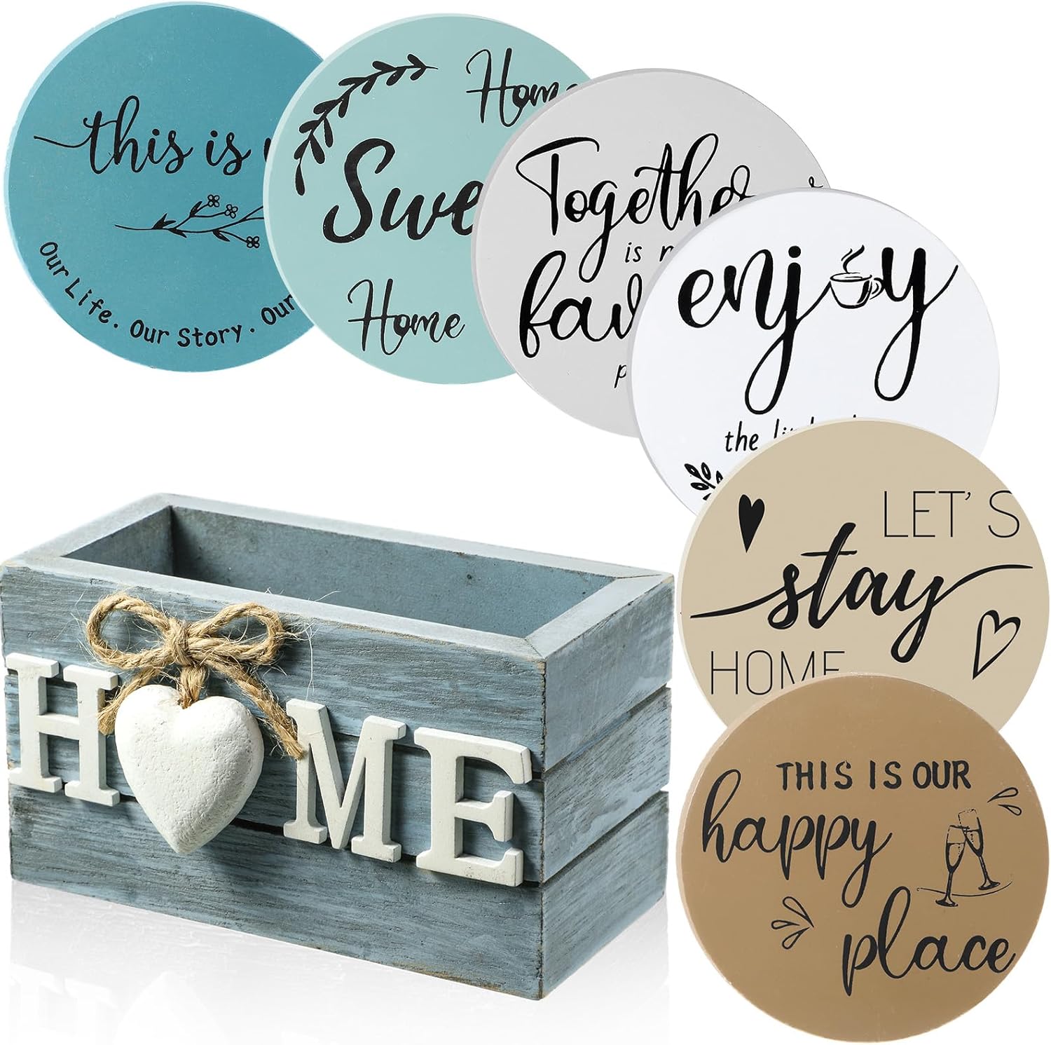 Queekay Housewarming Gifts for Home Decoration Wooden Heart Coasters for Drinks 6 Set Farmhouse Coasters with Holder Funny for Family Coffee Table Protection, 4”(Ocean,Home)