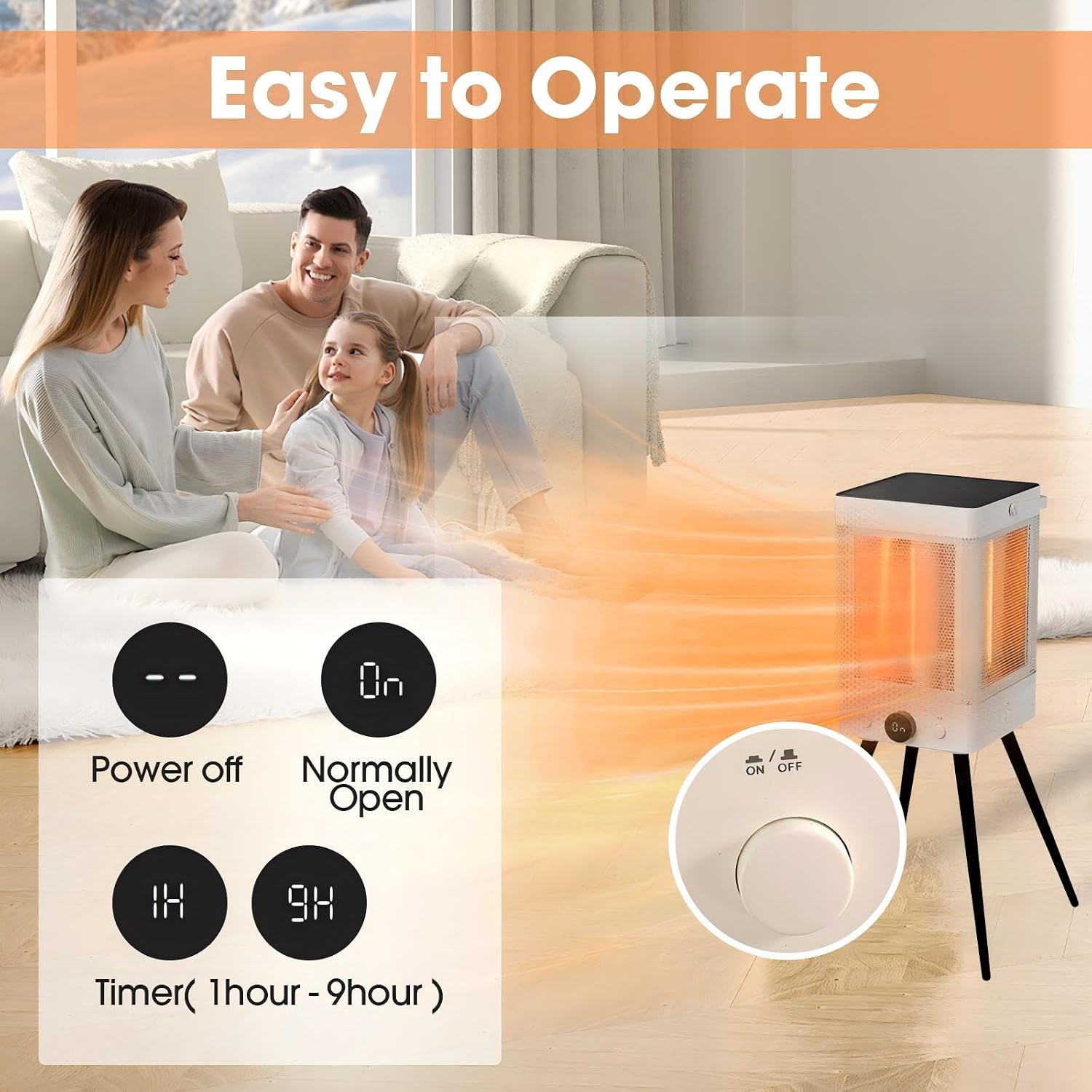 Portable Space Heater,4-Side Carbon Fiber Heating 1500W Fast Electric Heater with 9H Timer， Tip-Over Overheat Protection ，Carry Handle for Bedroom, Living Room, Office