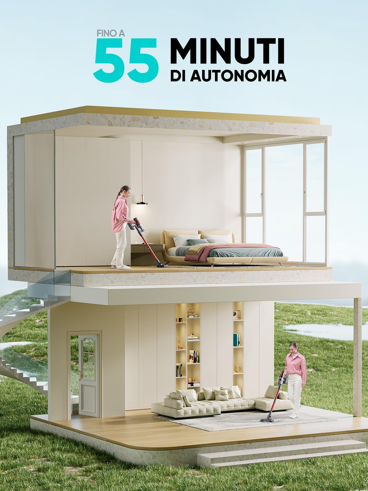 Aspirapolvere Senza Fili 38Kpa&450W, 55Mins Scopa Elettrica Senza Fili con Touchscreen Intelligente e Anti-Avvolgimento, 1,5L Aspirapolvere Senza Filo per Pavimenti/Tappeti/Casa HONITURE S13 Pro.