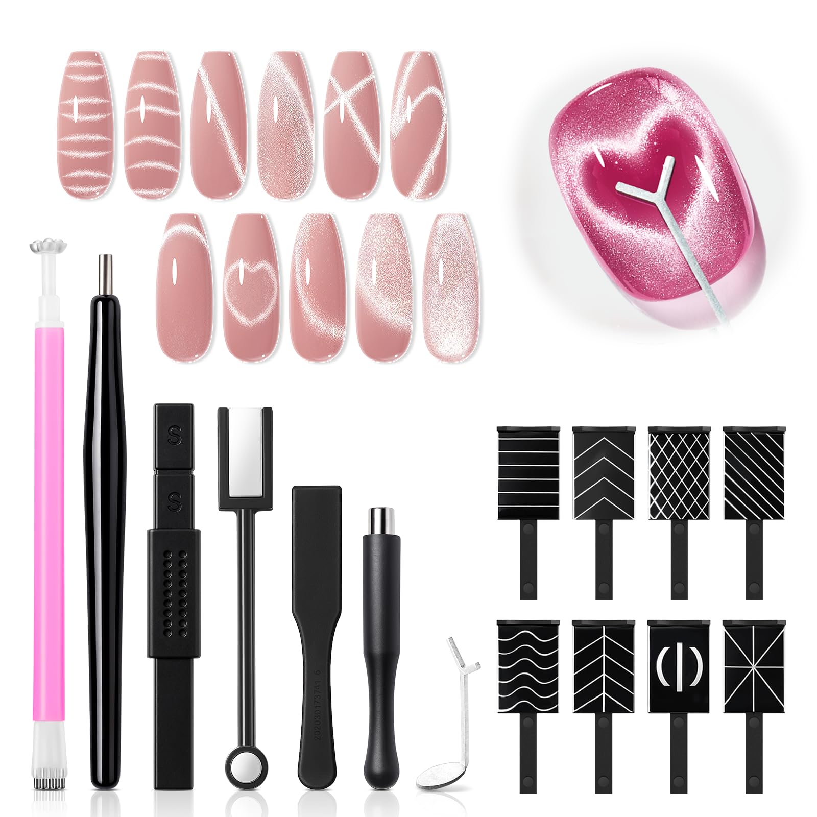 modelones Cat Eye Magnetic for Nails,15PCS Cateye Rose Gel Nail Polish Magnet Tools Powerful Set Wand Magnet Valentine's Love-heart Nail Polish Square Round Magnet Stick Diverse Glassy Cateye Effect