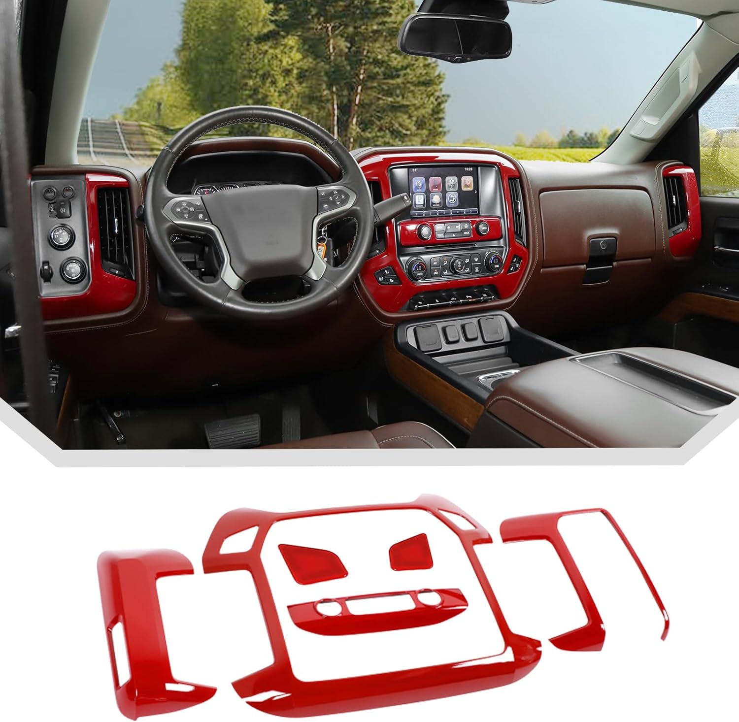 JeCar 6pcs Red Dash Bezel Cover Trim Interior Accessories for 2014-2017 Chevrolet Chevy Silverado GMC Sierra
