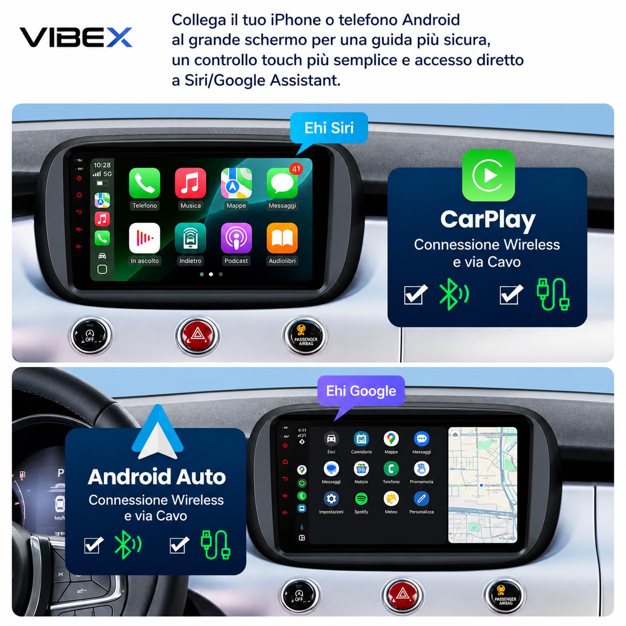 VIBEX Autoradio 9" | Android per FIAT 500X 2015-2023, Wireless CarPlay Android Auto | Navigazione GPS | Bluetooth WiFi | Schermo Touch HD Supporto Retrocamera CANBUS |