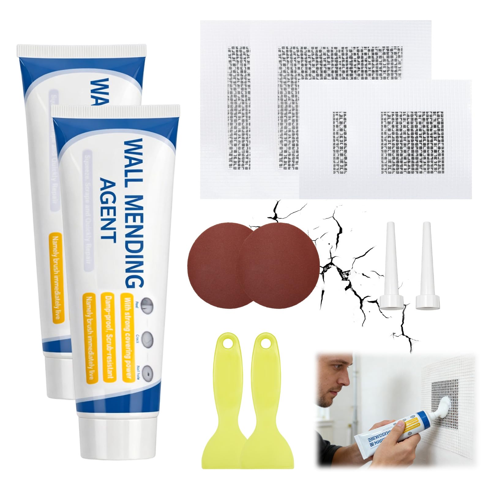 Wall Repair Kit, Wall Mending Agent White with Drywall Patch Sandpaper Scraper for Cracks Holes Mold Graffiti Peeling & Flaking Repair, Quick Repair Quick-Drying Odorless for Home Kitchen Bathroom