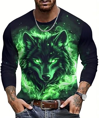 KIDVOVOU Mens Cool 3D Printed T-Shirt Long Sleeve Crew Neck Soft Casual Graphic Tee