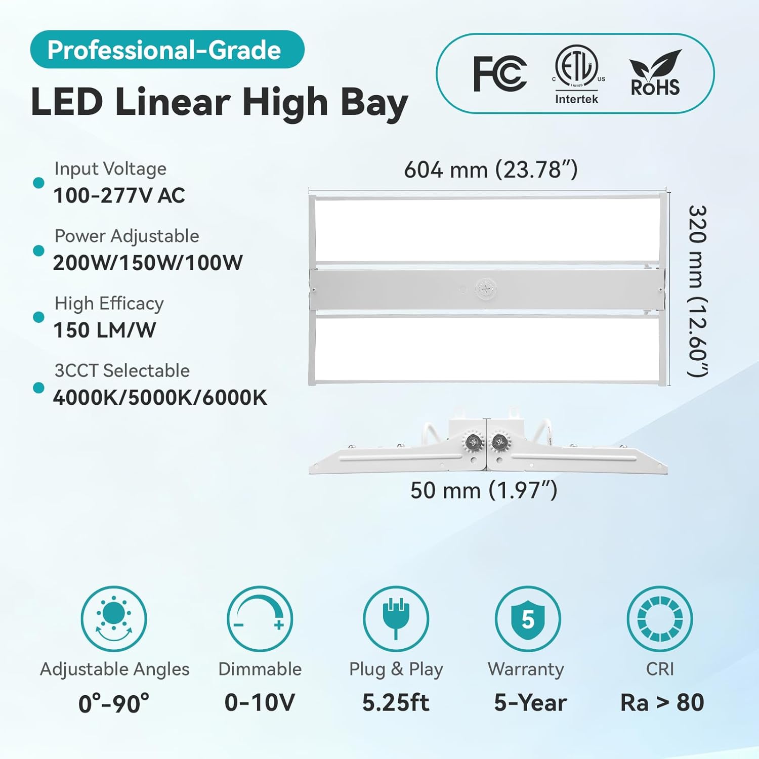 LED Linear High Bay Light 2FT, 0-10V Dimmable, 200W/150W/100W Selectable, 3CCT 4000K/5000K/6000K, Adjustable Angle, for Garage Warehouse Workshop, ETL, with 5.25ft Power Cord, 2-Pack