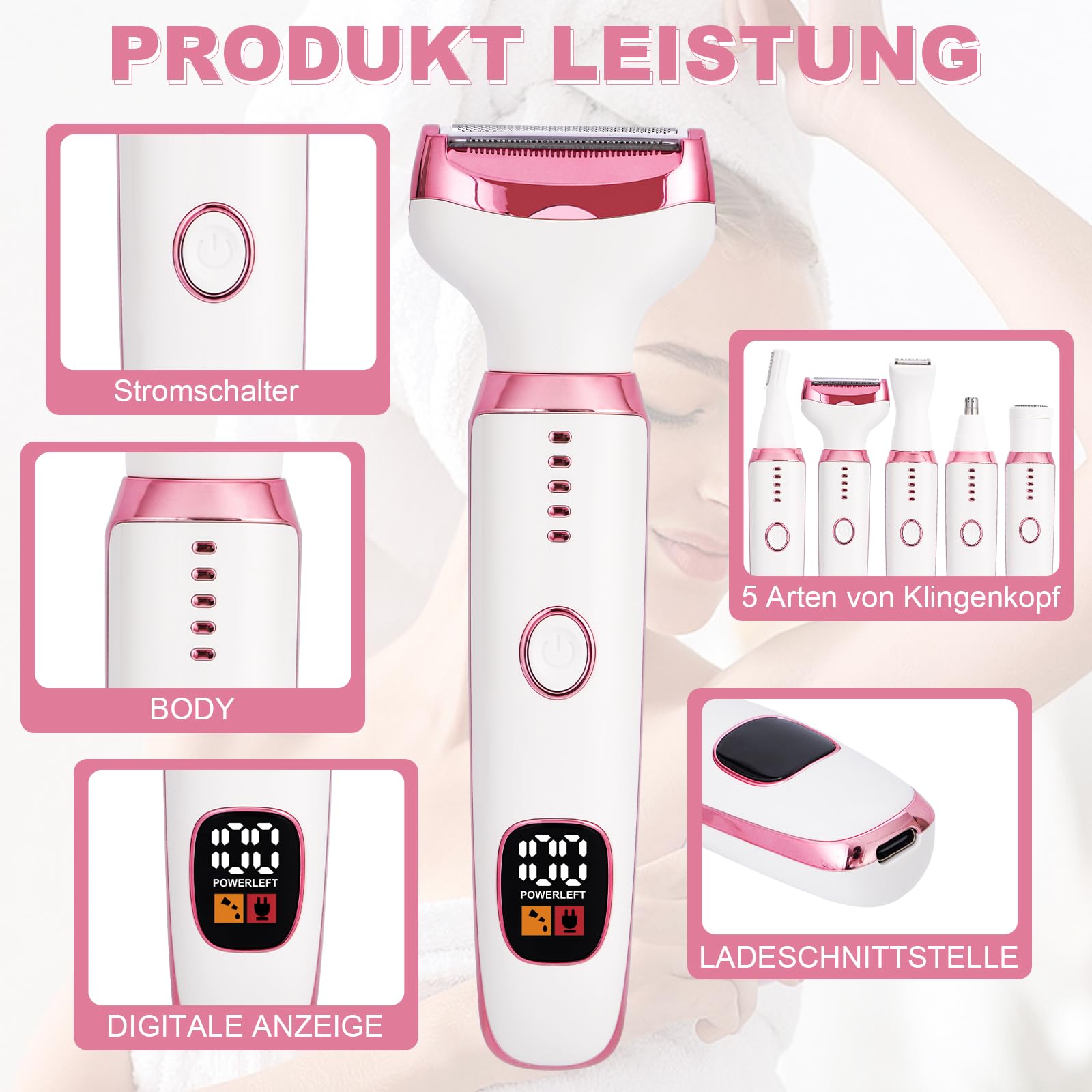 Rasoio Elettrico per le Donne, Rasoio Elettrico 5-in-1 per il Corpo, Rasoio Secco Bagnato Indolore per Bikini, Ascelle, Gambe, Sopracciglia e naso, Ricarica USB