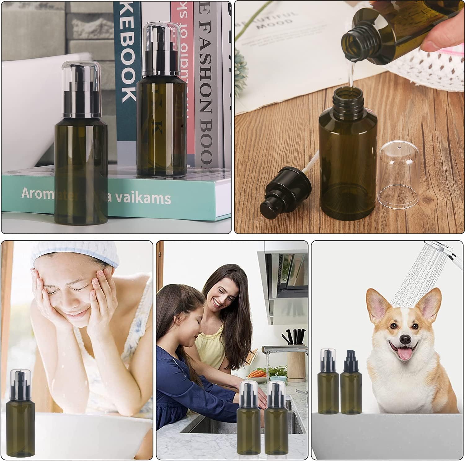 SOOKDEO Mini Dispenser Portable Free Refillable Bottle with Pump & Lid for Travel Shampoo Conditioner Shower Soap Work Hand Dish Soap Lotion Makeup Essential Oil, 10 Pack, 3oz, 100ml (Green)