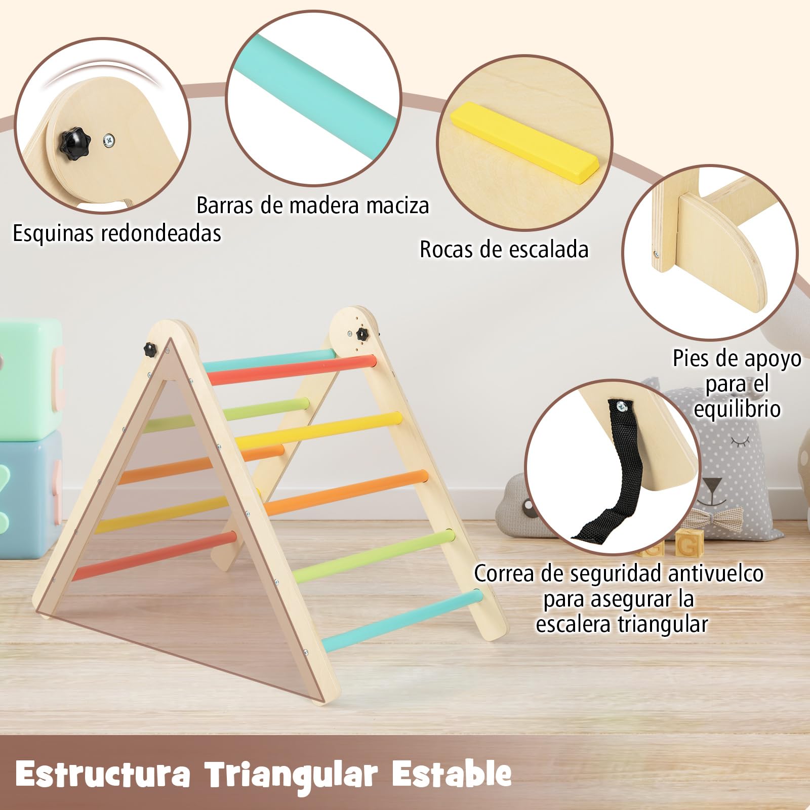 COSTWAY 7 en 1 Triángulo de Escalada de Madera para Niños con Rampa Reversible, Torre de Aprendizaje Plegable Montessori, Mesa y Silla Infantil, Pizarra Divertida, para Niños de 3-14 Años (Multicolor)