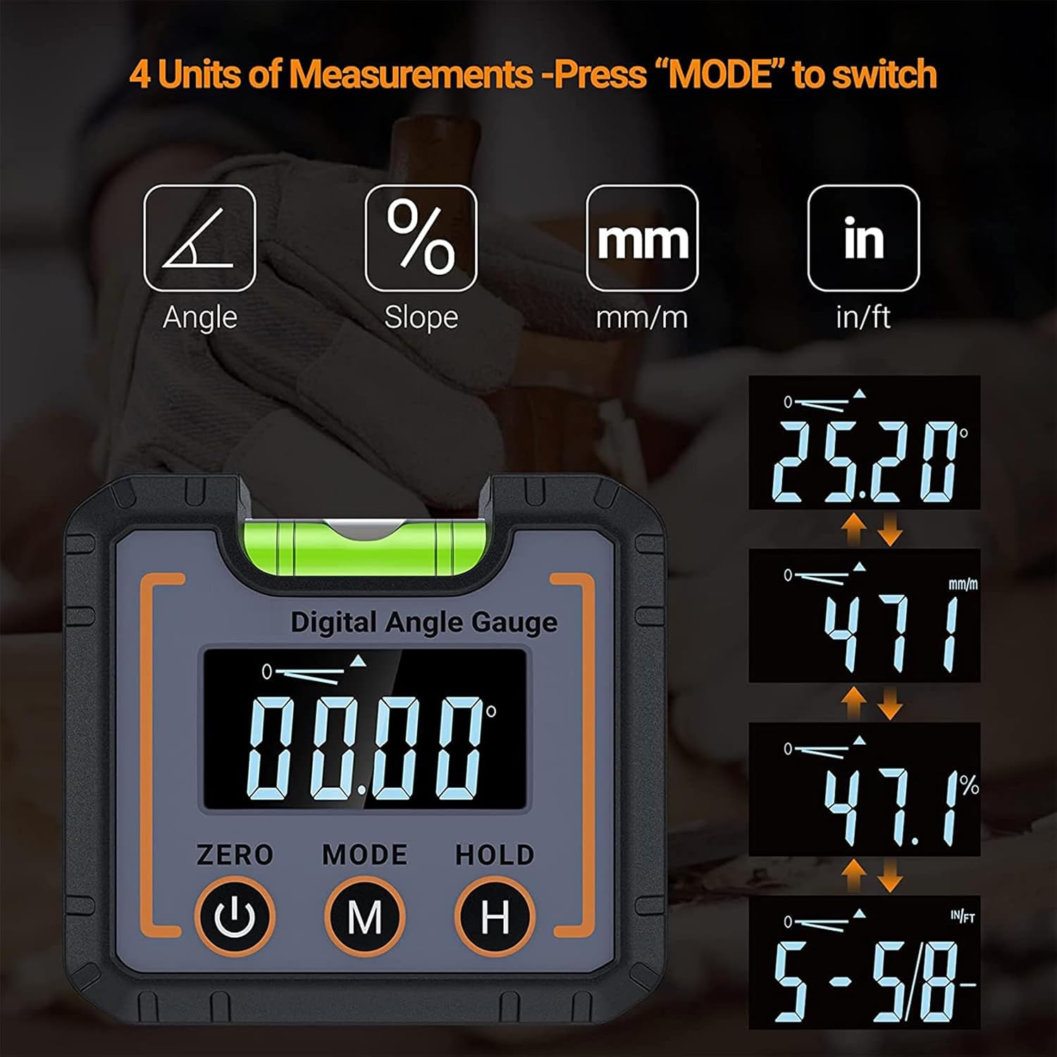 Four units of measurement: Angle, Slope, mm/m, in/ft