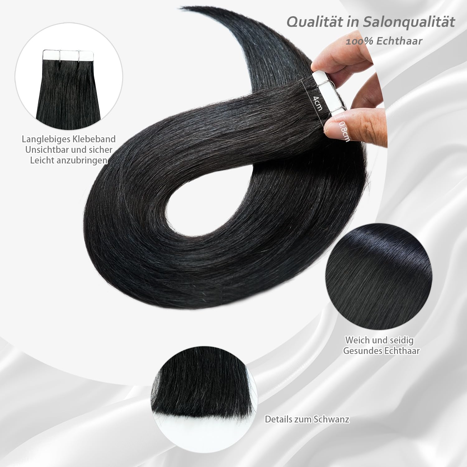 Dopinki z prawdziwych włosów Remy na taśmie do przedłużania włosów, czarne, dwustronne, niewidoczne przedłużenie włosów, 20 sztuk/50 g, 45 cm, głęboka czerń