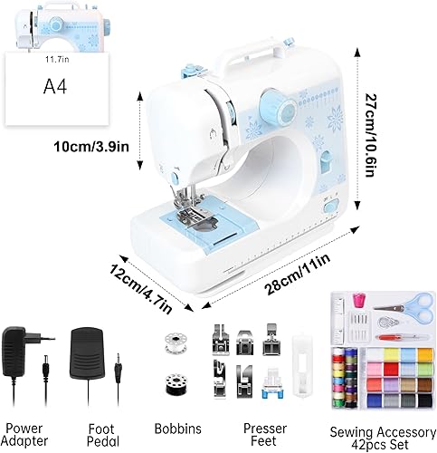 Miniatura 2 de TALERLUV Máquina de coser para principiantes, niños y adultos, 12 aplicaciones de puntada, 7 pies prensatelas, mesa de extensión, pedal de pie, luz
