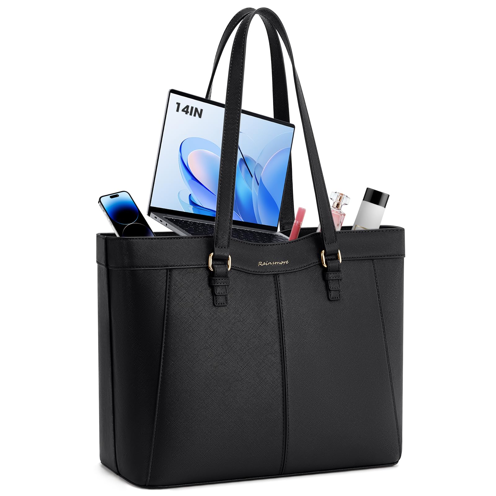 RAINSMORE Handtasche Damen Wasserdichte Shopper Tasche Laptoptasche Damen | 14-Zoll Arbeitstasche Schultertaschen Henkeltasche Tote Bag mit Reißverschluss für Arbeit Schule Einkaufen Business Schwarz