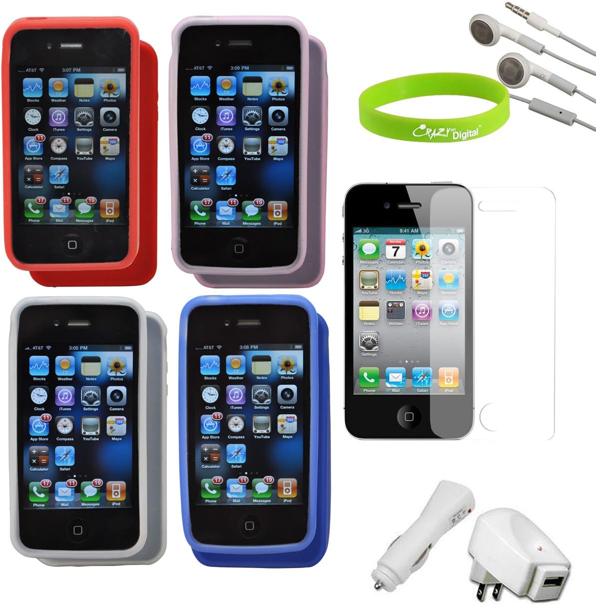 CrazyOnDigital Cases, Charger Screen Protector for AT & T Verizon Sprint Apple iPhone 4S - Combo Pack - Retail Packaging - Black