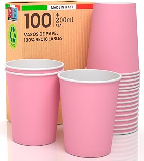 100 vasos de papel de 200 ml, ecológicos, biodegradables, desechables, fabricados en Italia, para llevar bebidas calientes, agua, de colores, rosa, fabricados y envasados en Italia