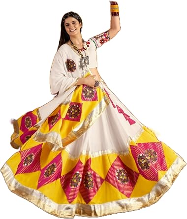 Indian Viscose Cotton Fabric Thread Emboridery Work Navratri Lehenga Choli 15328