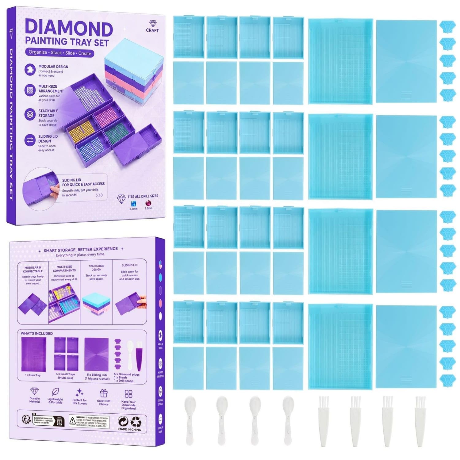 4 Pieces Modular Diamond Painting Tray and Organizer Box Stackable Diamond Painting Tray with Lid Grid-Style Sliding for Hobbyists, Crafters, Craft Rooms, Blue, 4 Sets-image-44