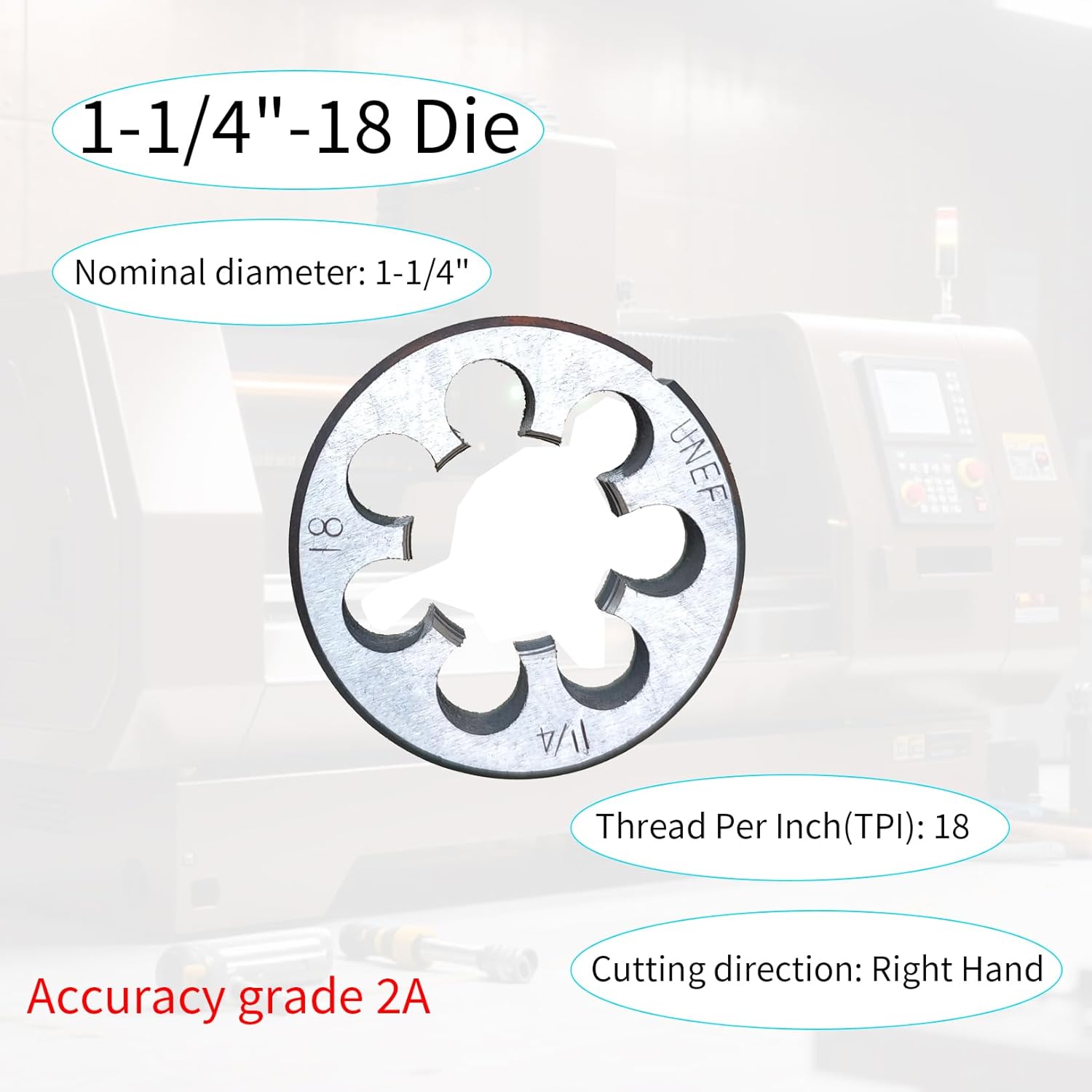1-1/4"-18 Tap and Die Set, UNEF, Right Hand, Grade 2B 2A, 4 Flute Straight Tap, Round Die, High Speed Steel HSS