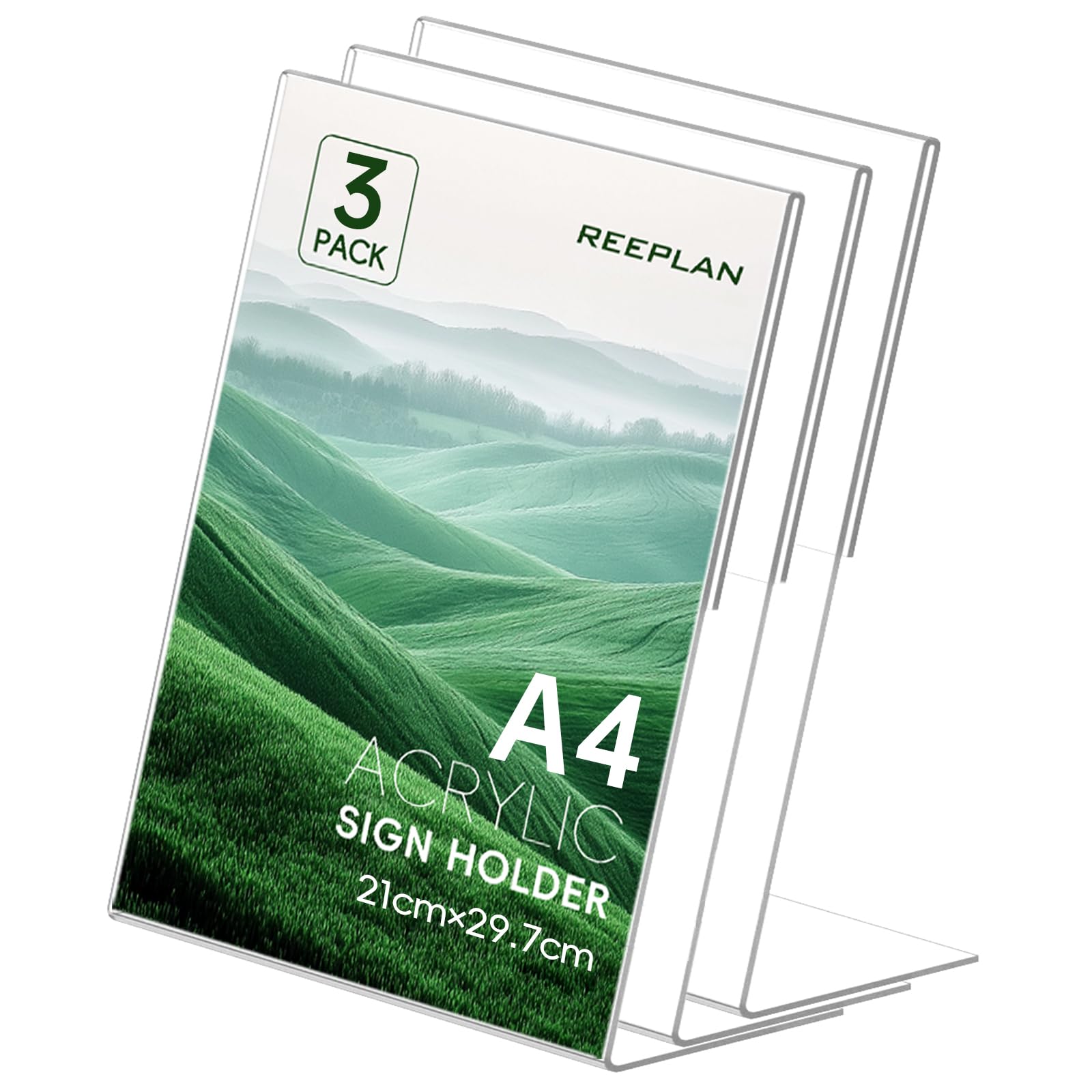 ReePlan 3 Pack A4 Acrylic Sign Holder, L-Shaped Clear Perspex Display Stand, Slanted Menu Holder and Poster Holder for Office, School, Shop, Restaurant, Café and Reception Desk (A4-3 PACK)