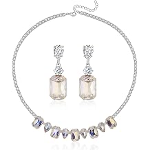 Crystal Jewelry Set for Women CZ Square Necklace Matching Dangle Earrings