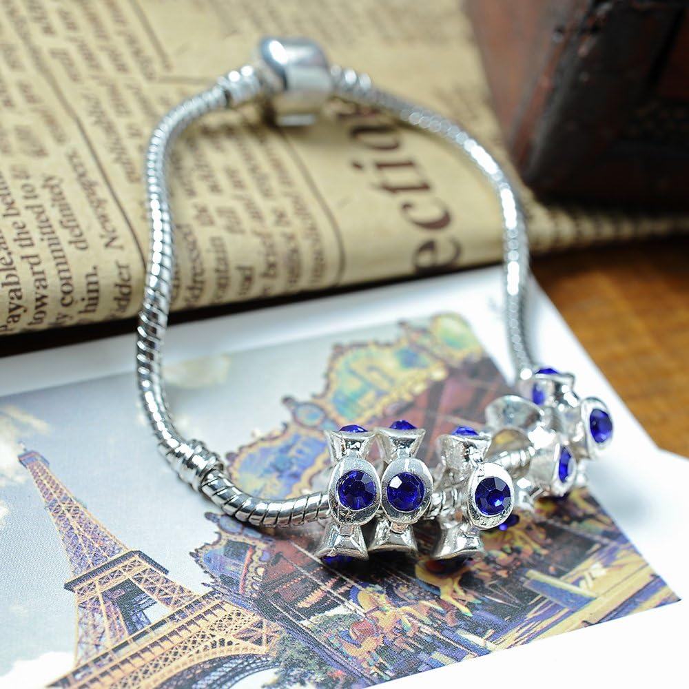 RUBYCA Blue Crystal Beads, Silver Color Charms, Tibetan Spacer Beads for Charm Bracelet, Jewelry Making Supplies (10pcs)